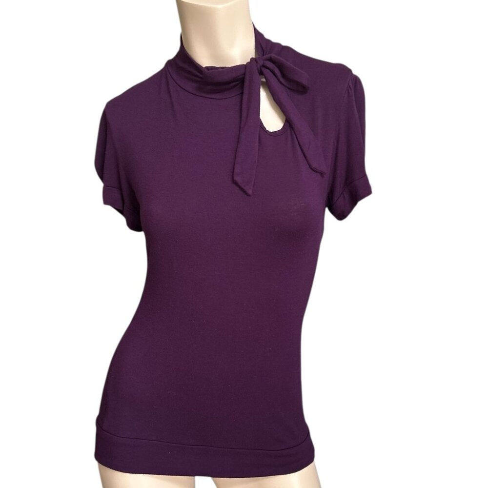 Purple Top Tie Neck Size M Jersey Knit Y2K Dark Academia Whimsigoth Vamp